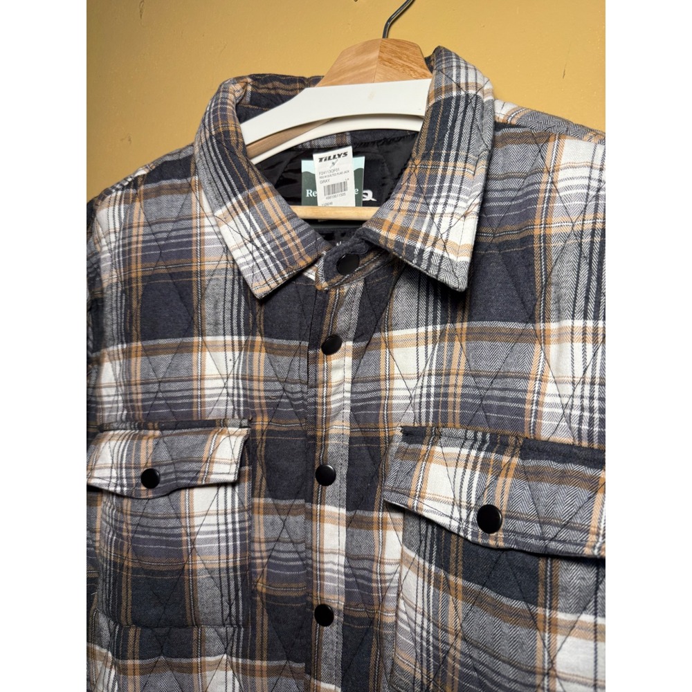 RSQ Mens Gray Plaid‎ Quilted Snap Front Flannel Shirt Jacket XX (2X) Large NWT